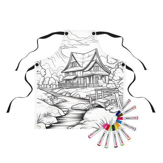 Countryside house themed apron, featuring a detailed coloring page design of a farmhouse, village scene, rural landscape, and nature's beauty.