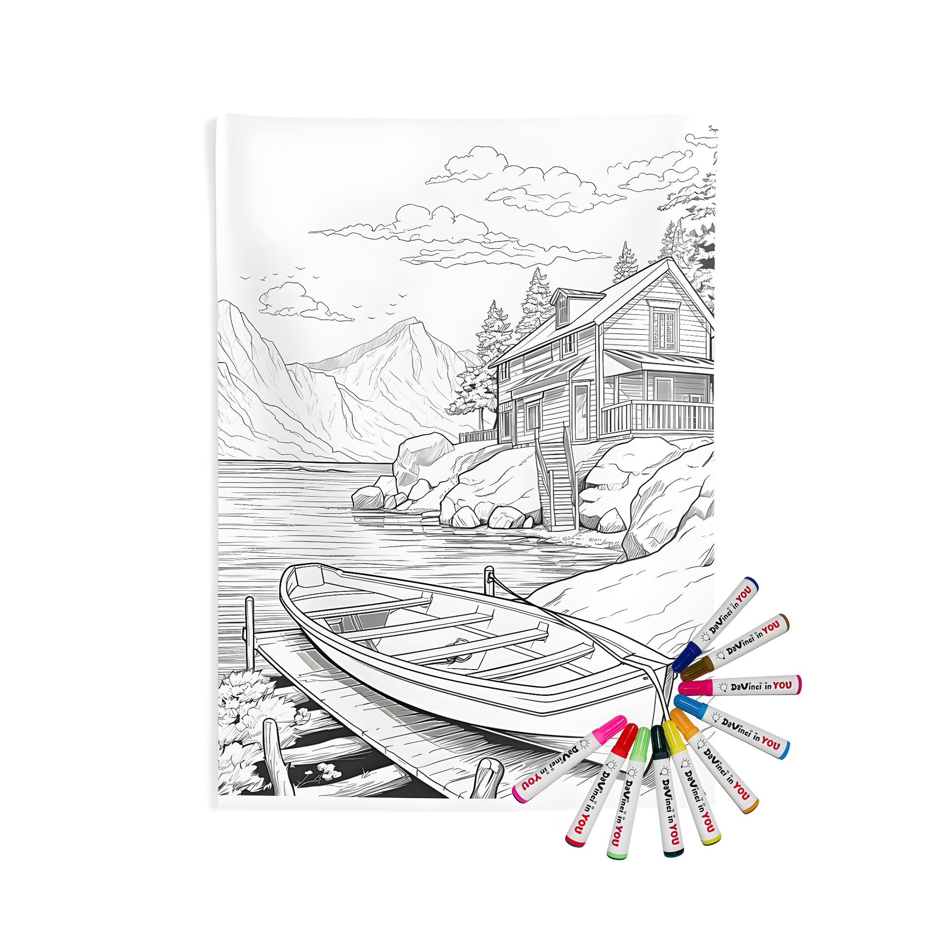 Coloring kit for indoor wall tapestries featuring a serene lakeside scene with a house on the shore, boat dock, and majestic mountains in the background.