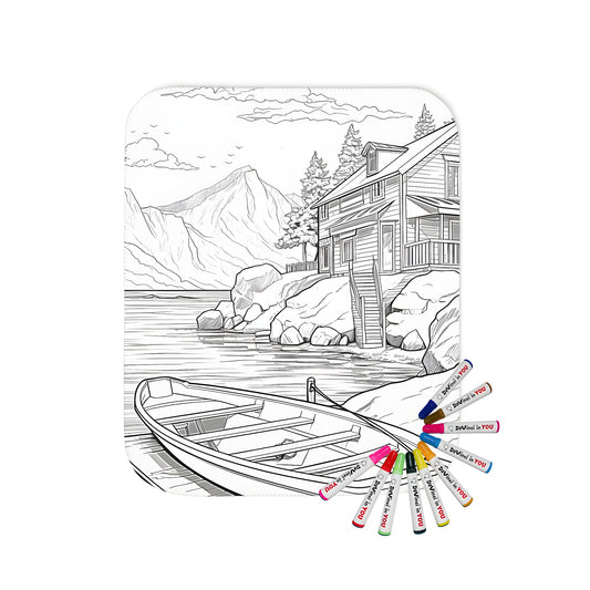 Coloring blanket of lakeside scene with house, boat, and mountains