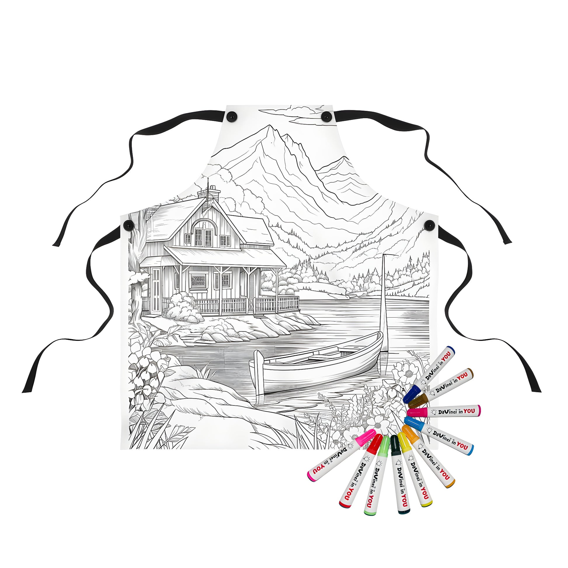 Peaceful mountain cabin scenery print on an apron