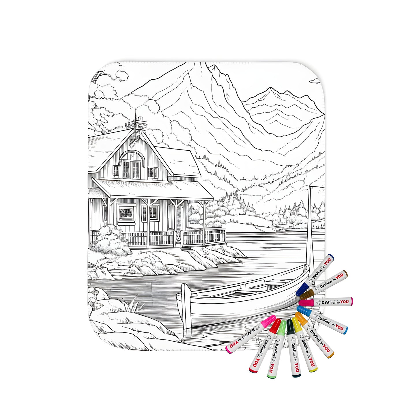 A peaceful mountain landscape with cabin and boat on water surrounded by flowers, printed on a soft blanket for coloring fun