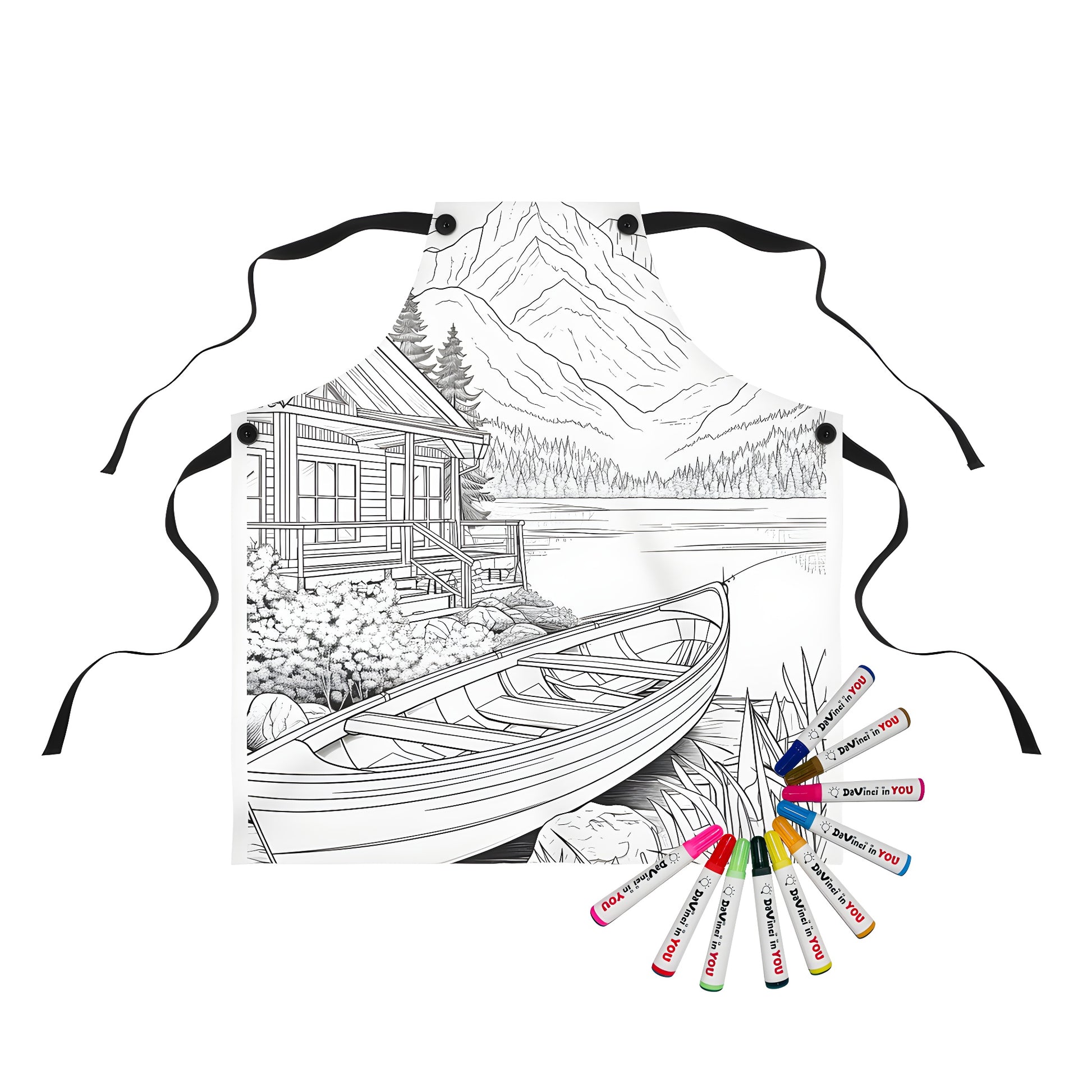 Coloring apron featuring a serene lakeside cabin scene with a boat, trees, and majestic mountains in the background. Perfect for lake lovers, outdoor enthusiasts, and nature fans.