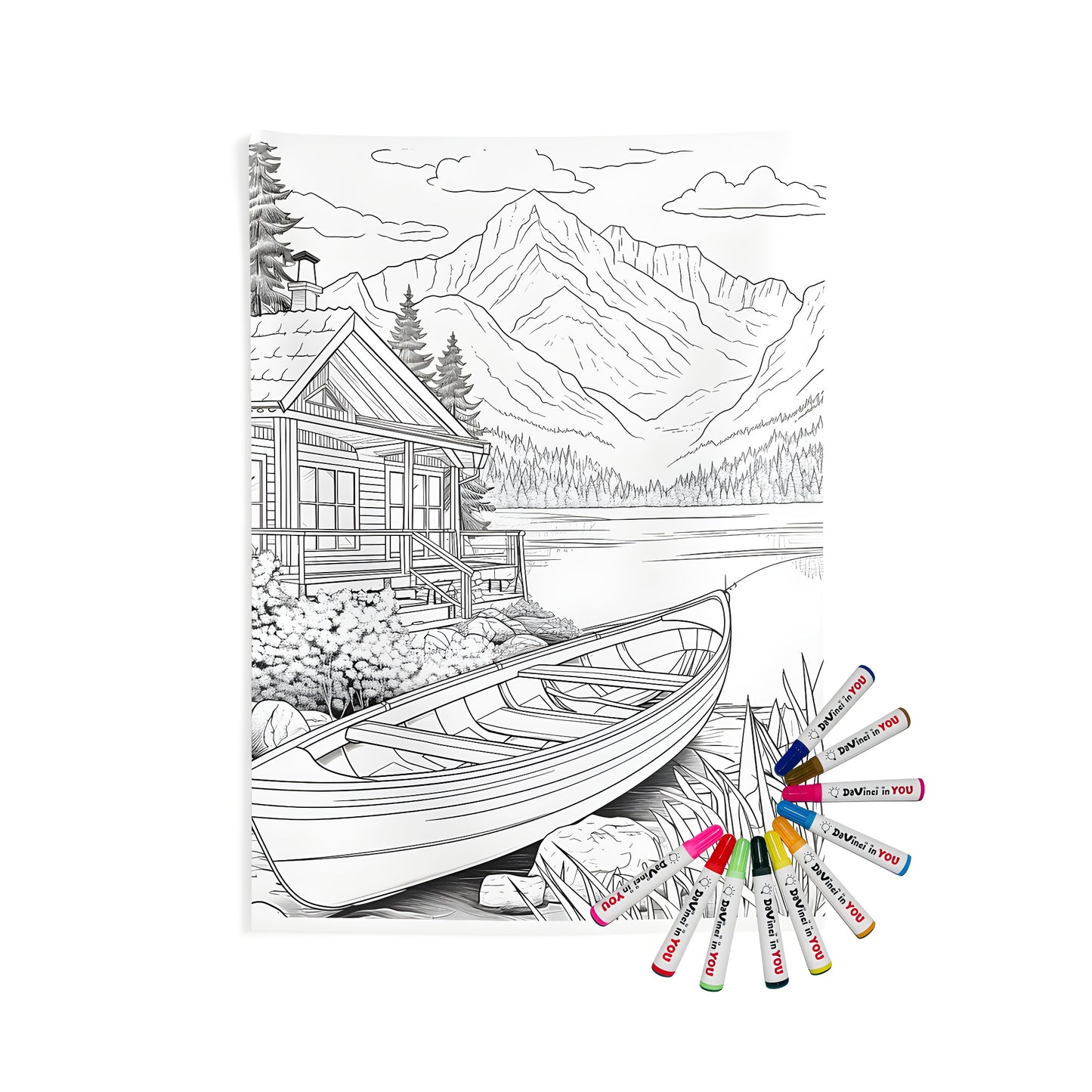 Coloring kit wall tapestry with lakeside cabin art featuring boat and mountains