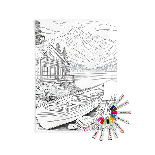 Coloring kit wall tapestry with lakeside cabin art featuring boat and mountains