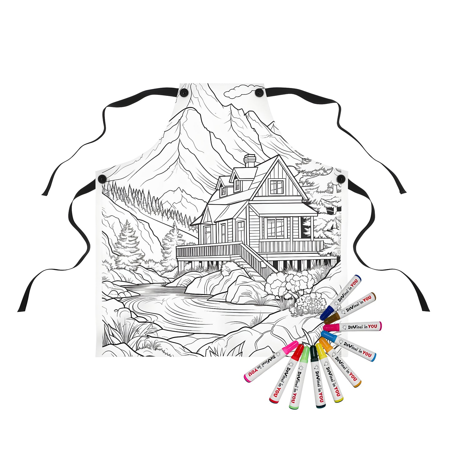 Apron featuring a scenic cabin scene with mountains, trees, and a river. Perfect for fans of nature, outdoors, and coloring.