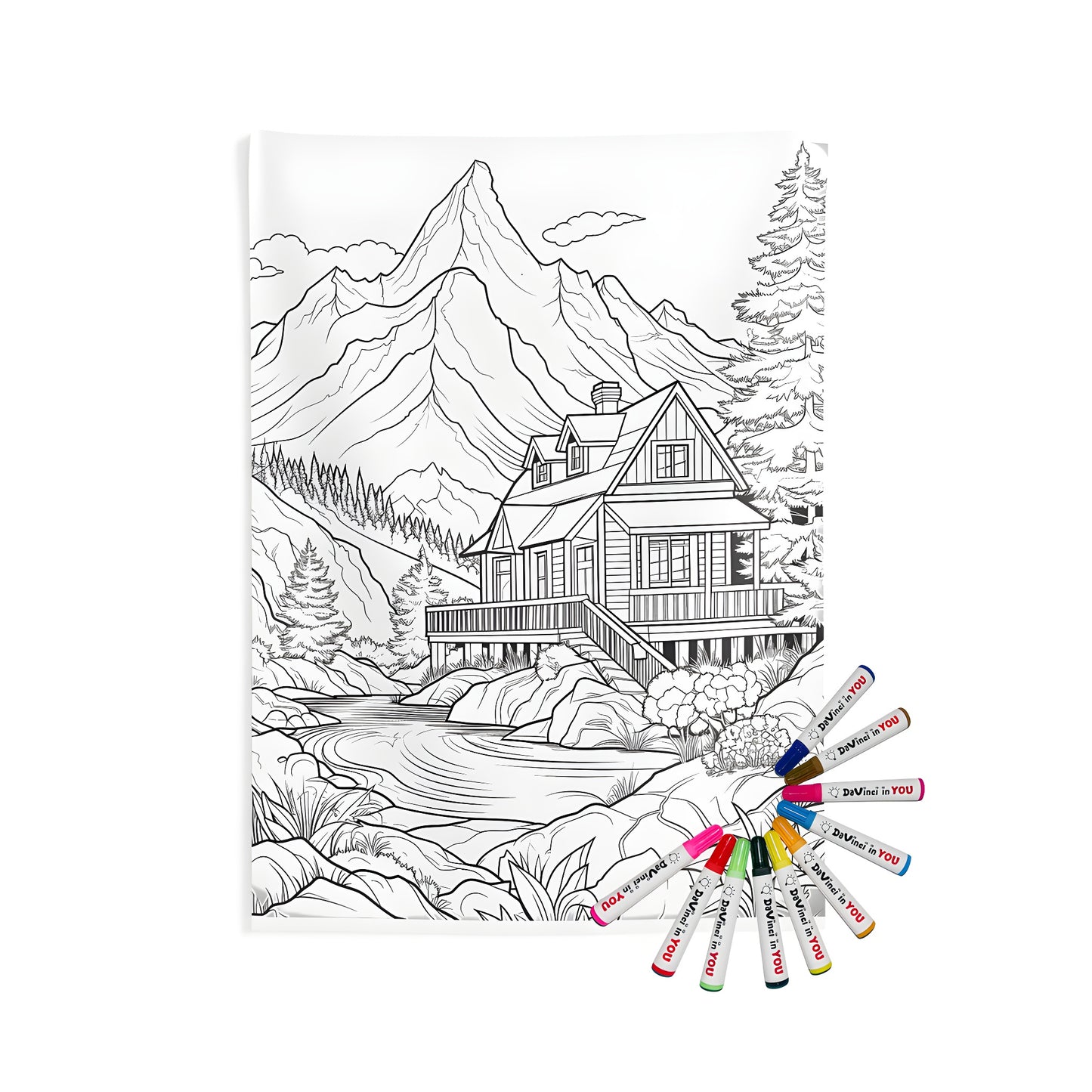 A detailed coloring page of a mountain cabin scene with trees and mountains in a serene natural setting. Indoor wall tapestry featuring a cozy log cabin by a river with surrounding peaks.