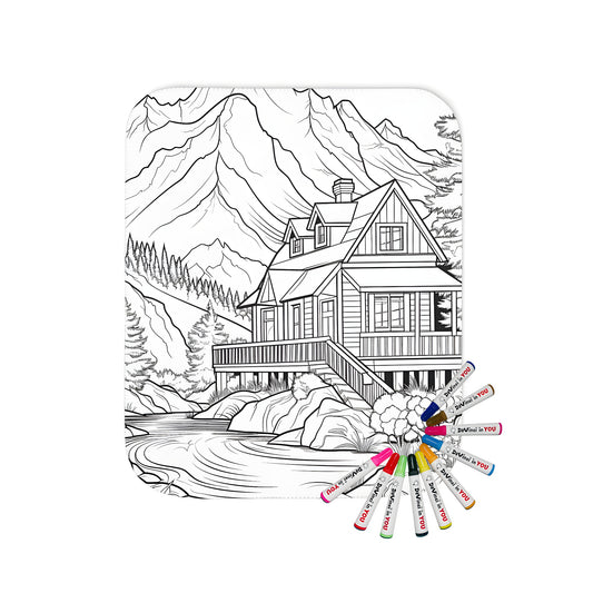 Blanket with mountain cabin coloring page design