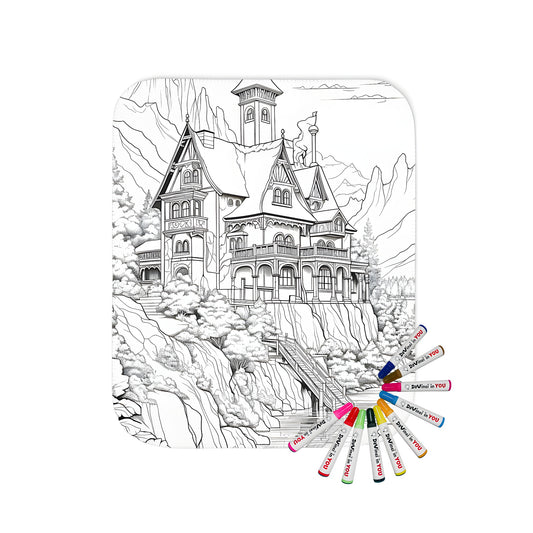 Cozy blanket with a detailed illustration of an elegant mountain lodge on a serene lake shore surrounded by trees