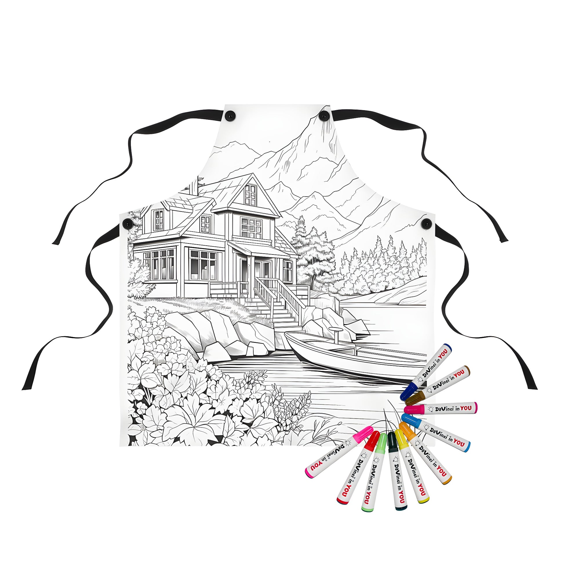 Coloring apron featuring a detailed house scene with a lake, flowers, trees, and mountains