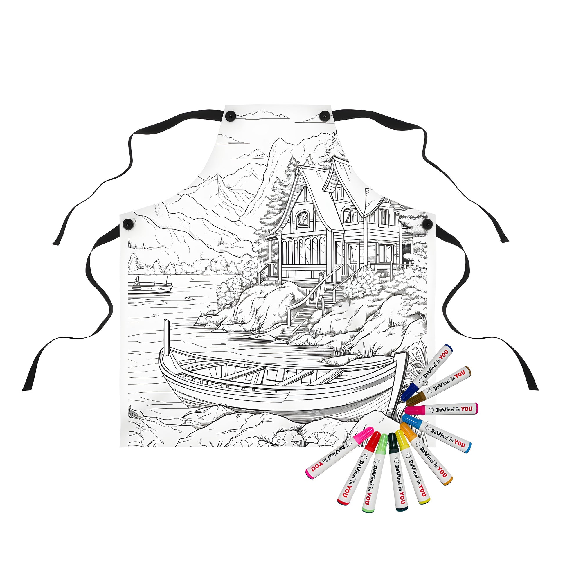 Apron with lake scene, serene lakeside house, boat, mountains, and trees design