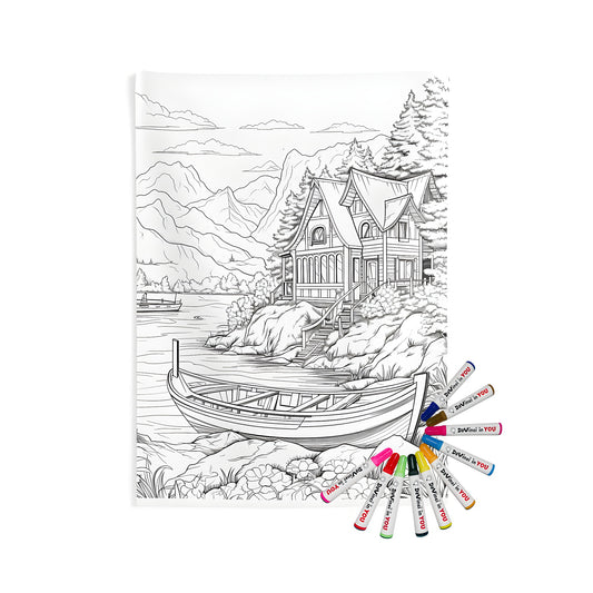 Cozy lakeside home wall tapestry for bedroom or living room decor