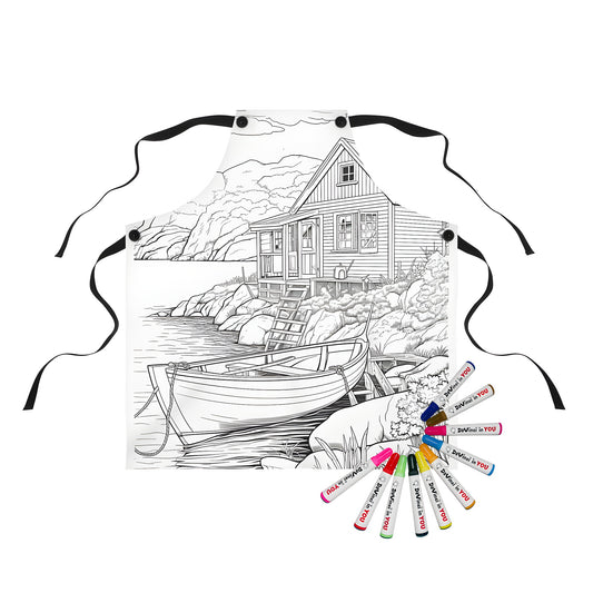 Detailed lakeside cottage coloring page apron with boat, water, mountains, and surrounding nature design