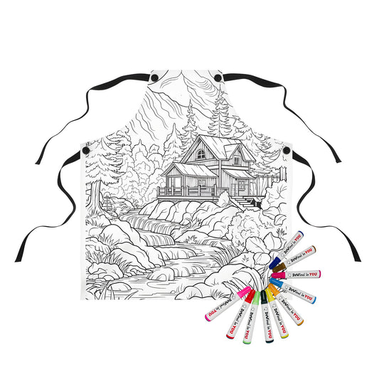 Mountain cottage apron with detailed line drawing of house, trees, stream, and mountains