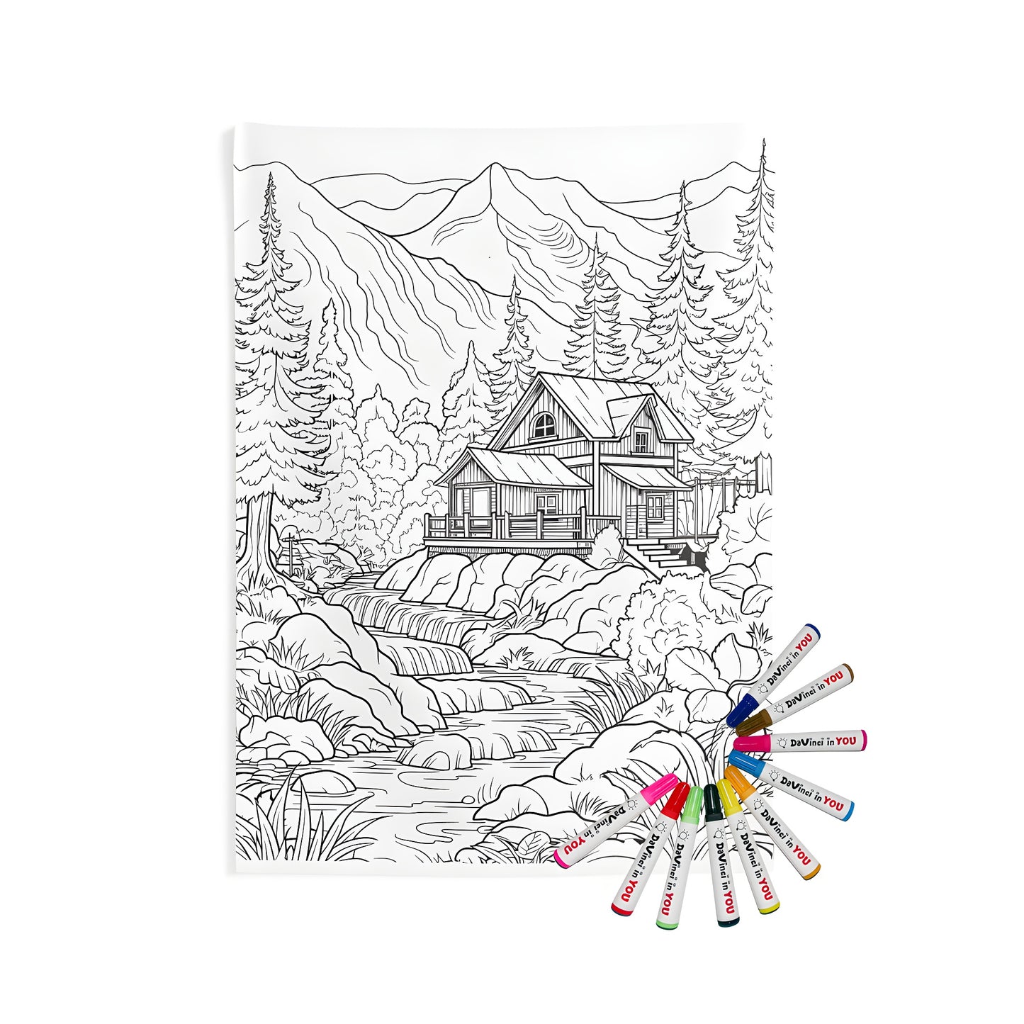 Mountain lodge house wall tapestry design with trees and stream