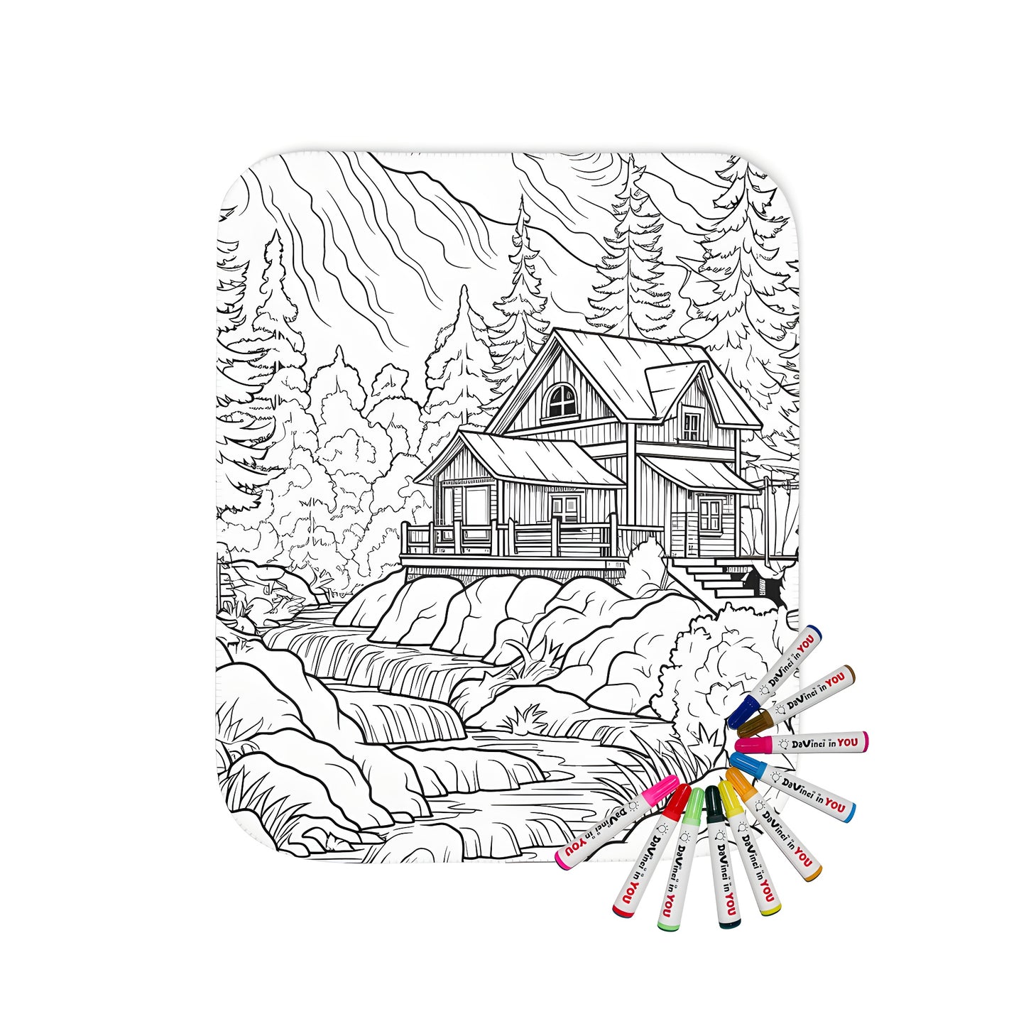 Mountain cabin blanket with detailed line drawing of mountain scenery