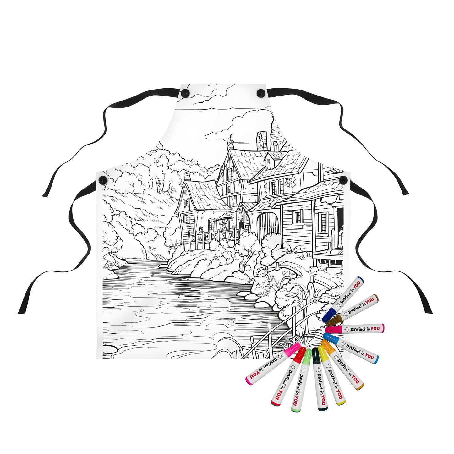 Coloring apron with detailed village and river scene, featuring trees, houses, and hills - Perfect for artists who love scenic watercolor designs