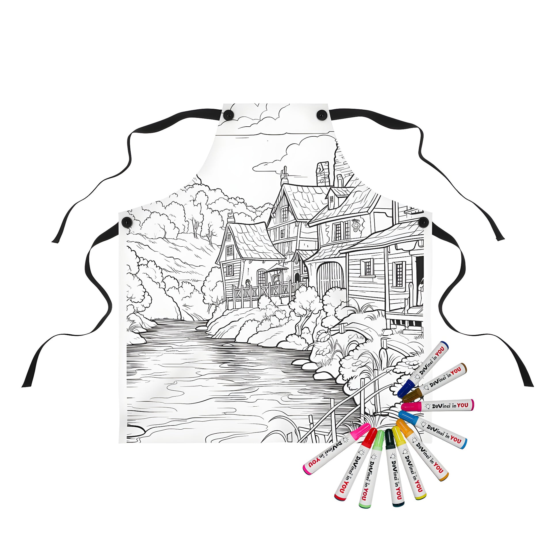 Coloring apron with detailed village and river scene, featuring trees, houses, and hills - Perfect for artists who love scenic watercolor designs