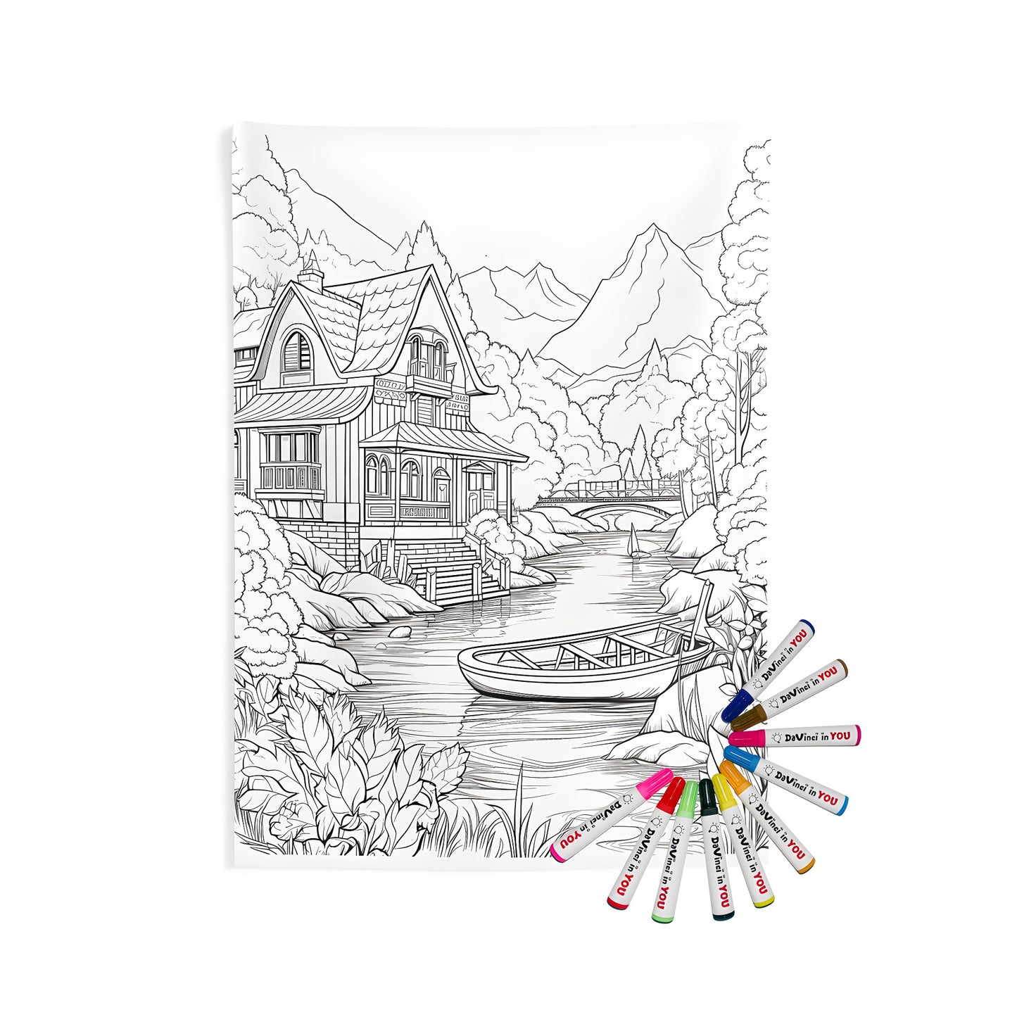 Detailed countryside house wall tapestry near a river with a boat, surrounded by nature, trees, and mountains