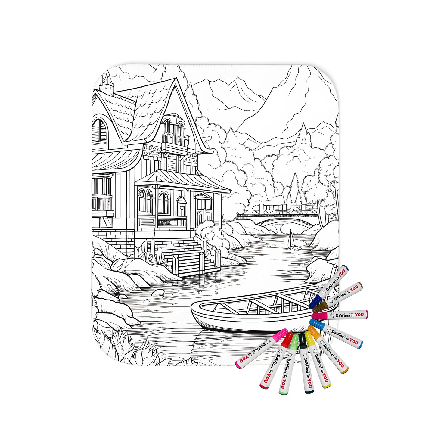 A beautiful blanket featuring a detailed coloring page design of a countryside house by a river with a boat surrounded by nature and serene landscape