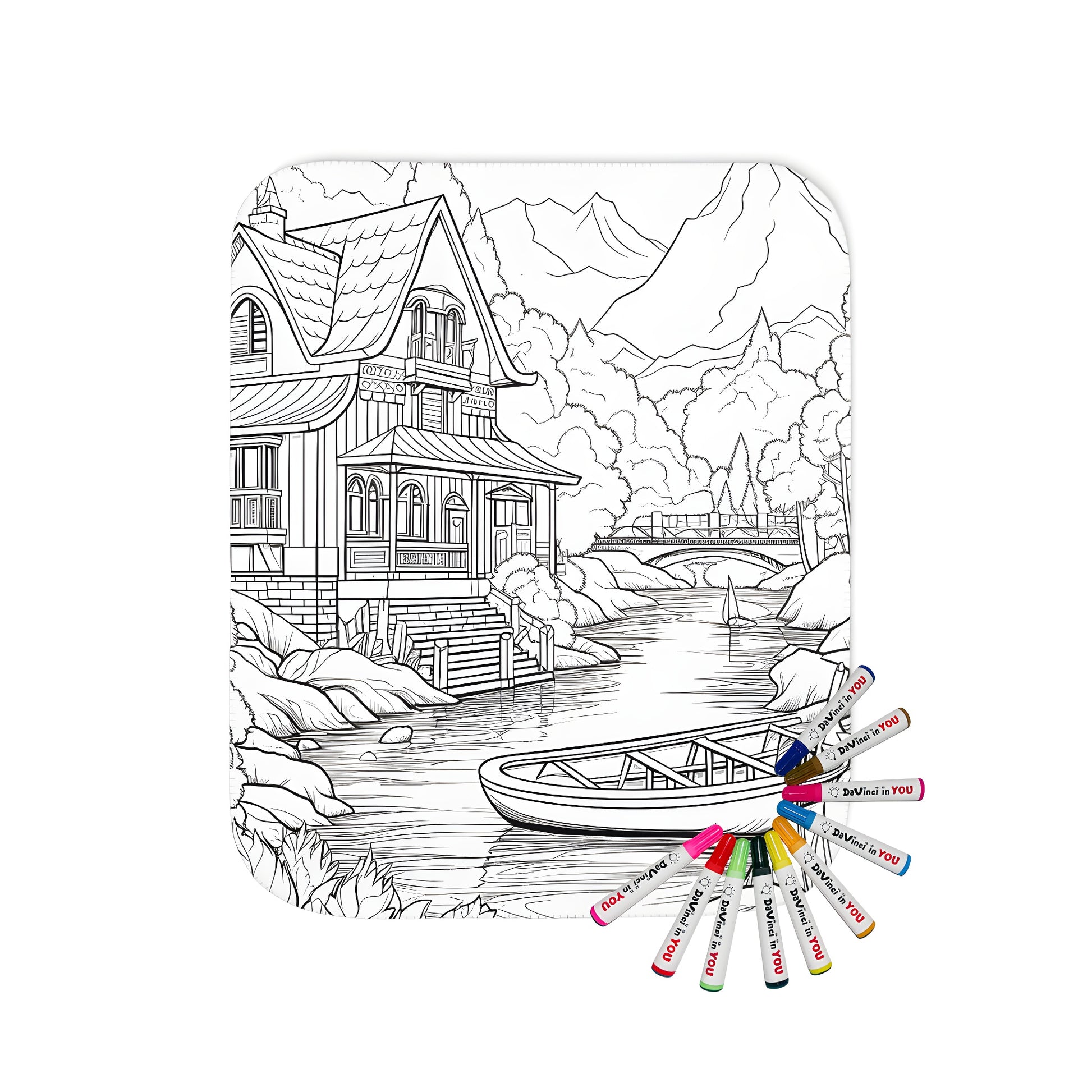 A beautiful blanket featuring a detailed coloring page design of a countryside house by a river with a boat surrounded by nature and serene landscape