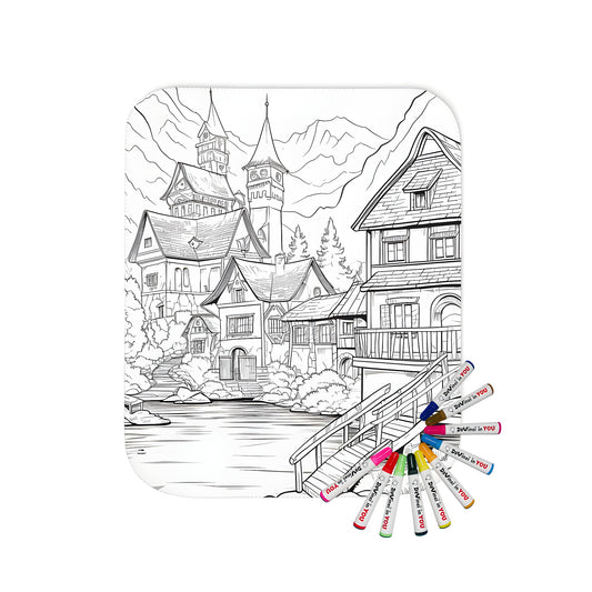 Colorful blanket with serene mountain village scene, including houses, cathedral, bridge, and natural surroundings