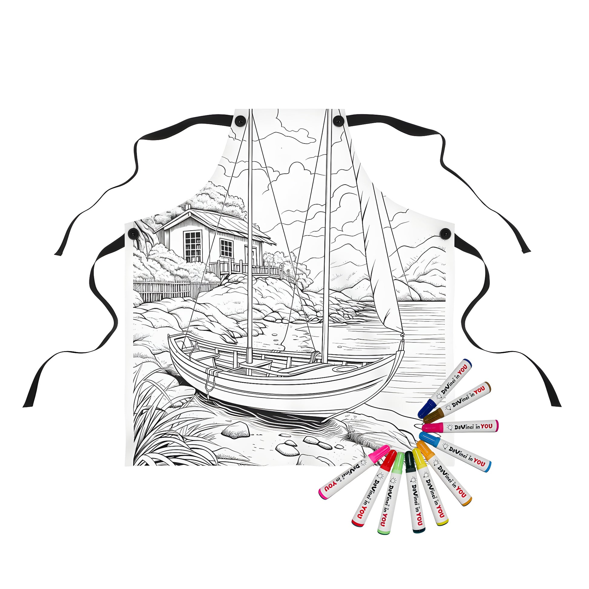 Coloring apron with detailed black and white house by river illustration, sailboat docked, nature scenery