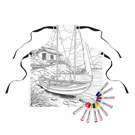 Coloring apron with detailed black and white house by river illustration, sailboat docked, nature scenery