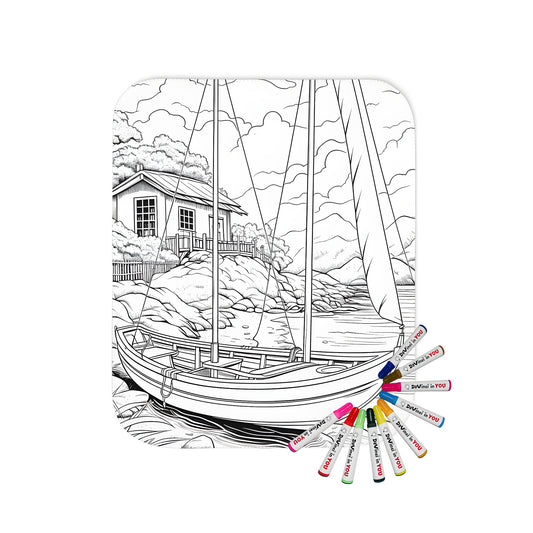 Cozy blanket with a detailed black and white illustration of a river house, sailboat docked, surrounded by lush nature, featuring 10 vibrant fabric markers included for artistic expression. Perfect for adults, kids, or a fun family activity.