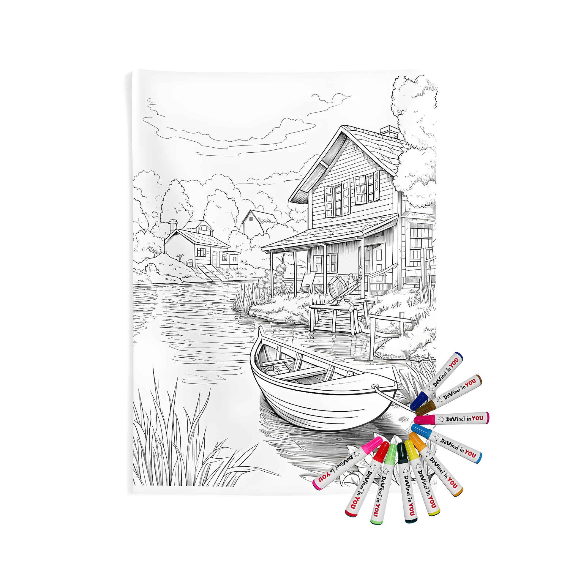 Indoor Wall Tapestry with Riverside House Design - Black and White Line Drawing