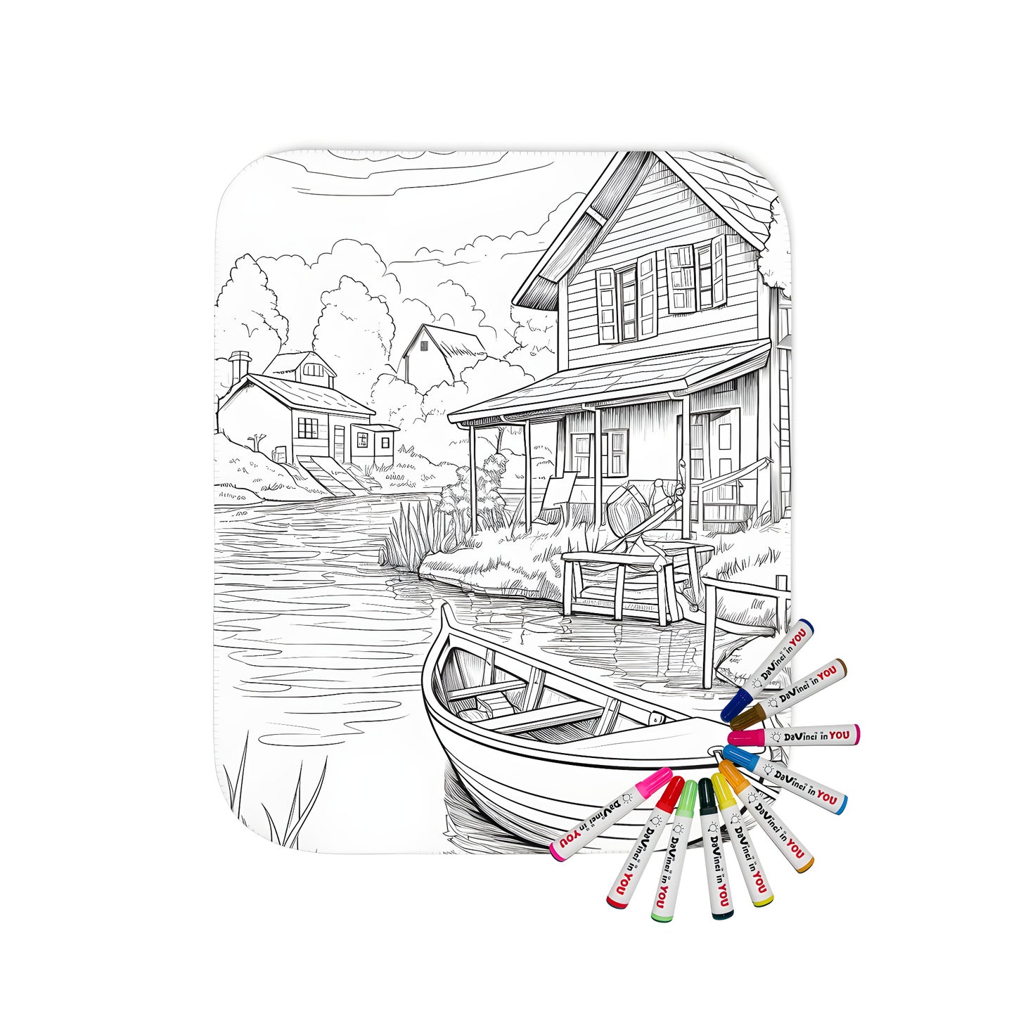 Cozy blanket with serene riverside house scene featuring a boat tied to a dock and nature-inspired artwork