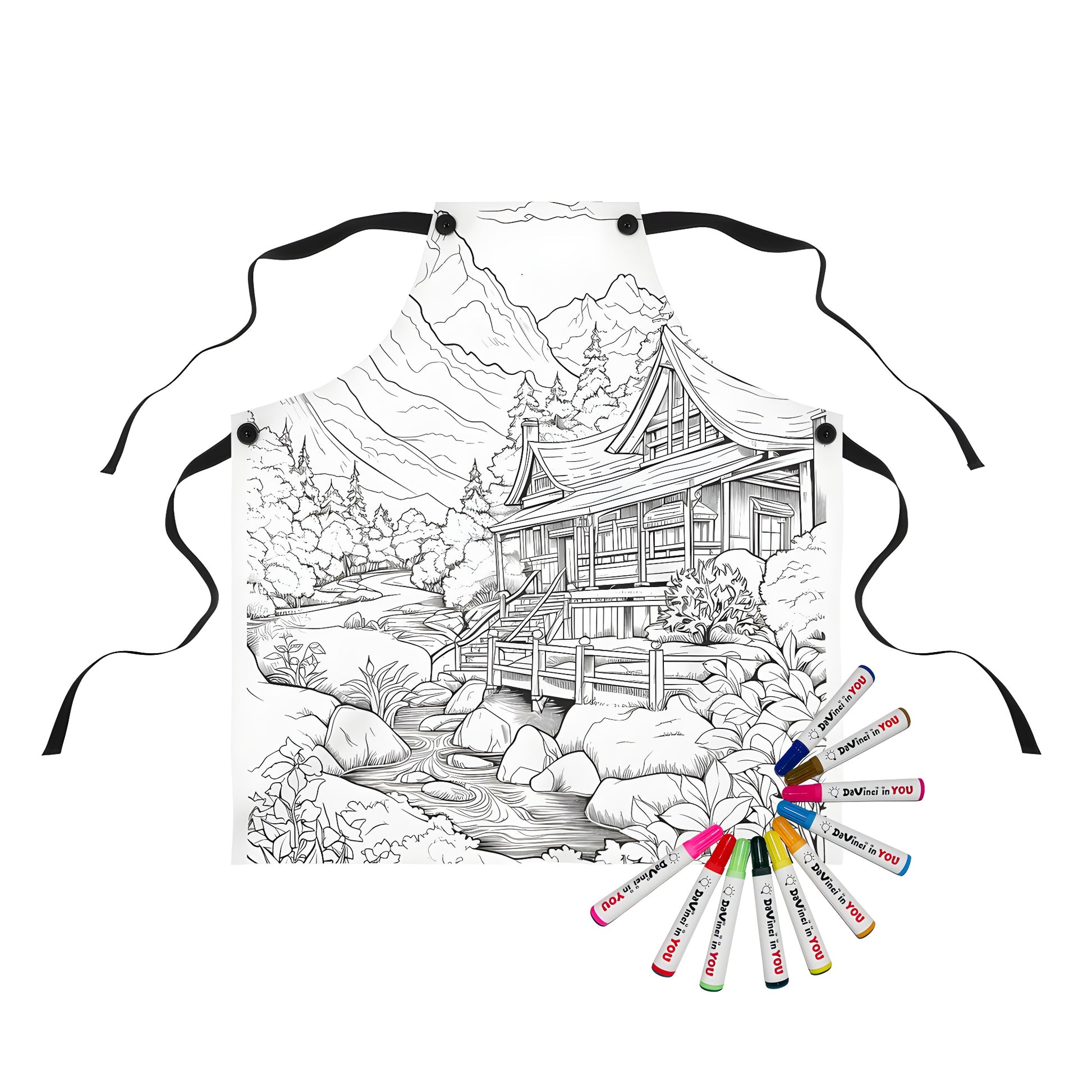 Detailed mountain landscape illustration apron, mountain scenery art, Japanese-style house and trees on a colorful fabric backdrop