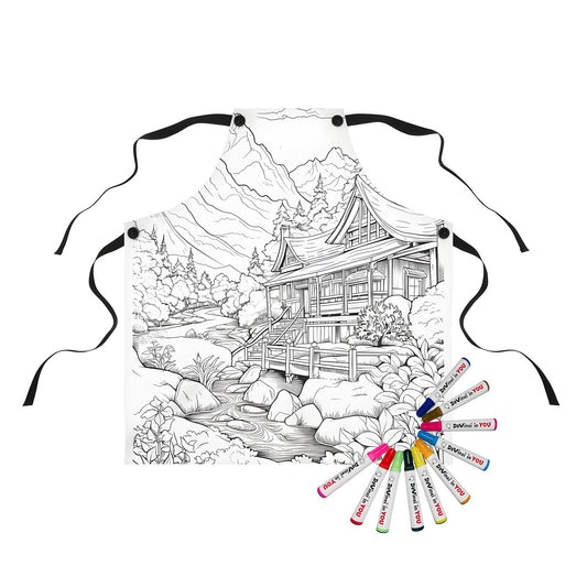 Detailed mountain landscape illustration apron, mountain scenery art, Japanese-style house and trees on a colorful fabric backdrop