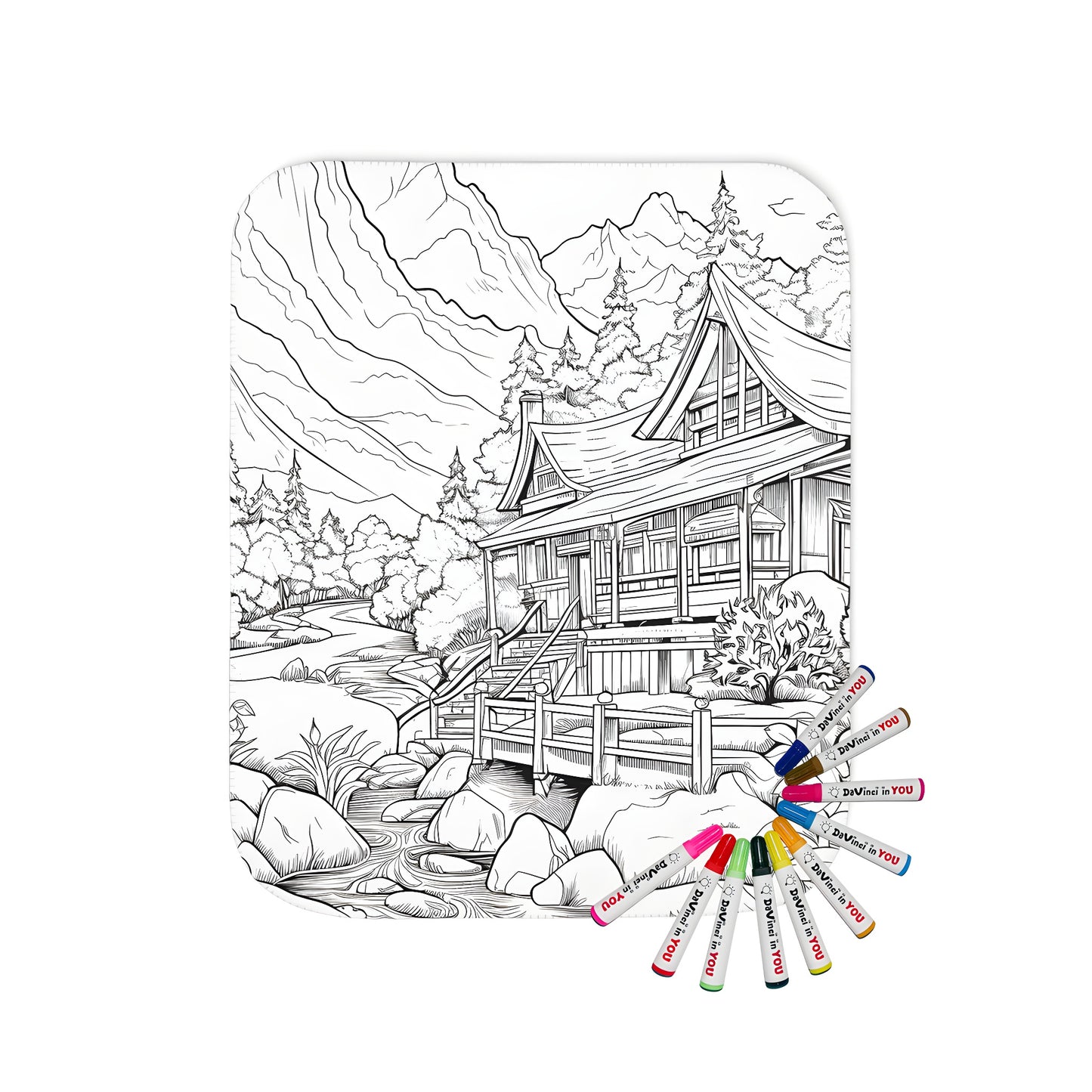 Colorful blanket featuring a vibrant mountain landscape illustration with a Japanese-style house, stream, trees, and plants in a serene setting.