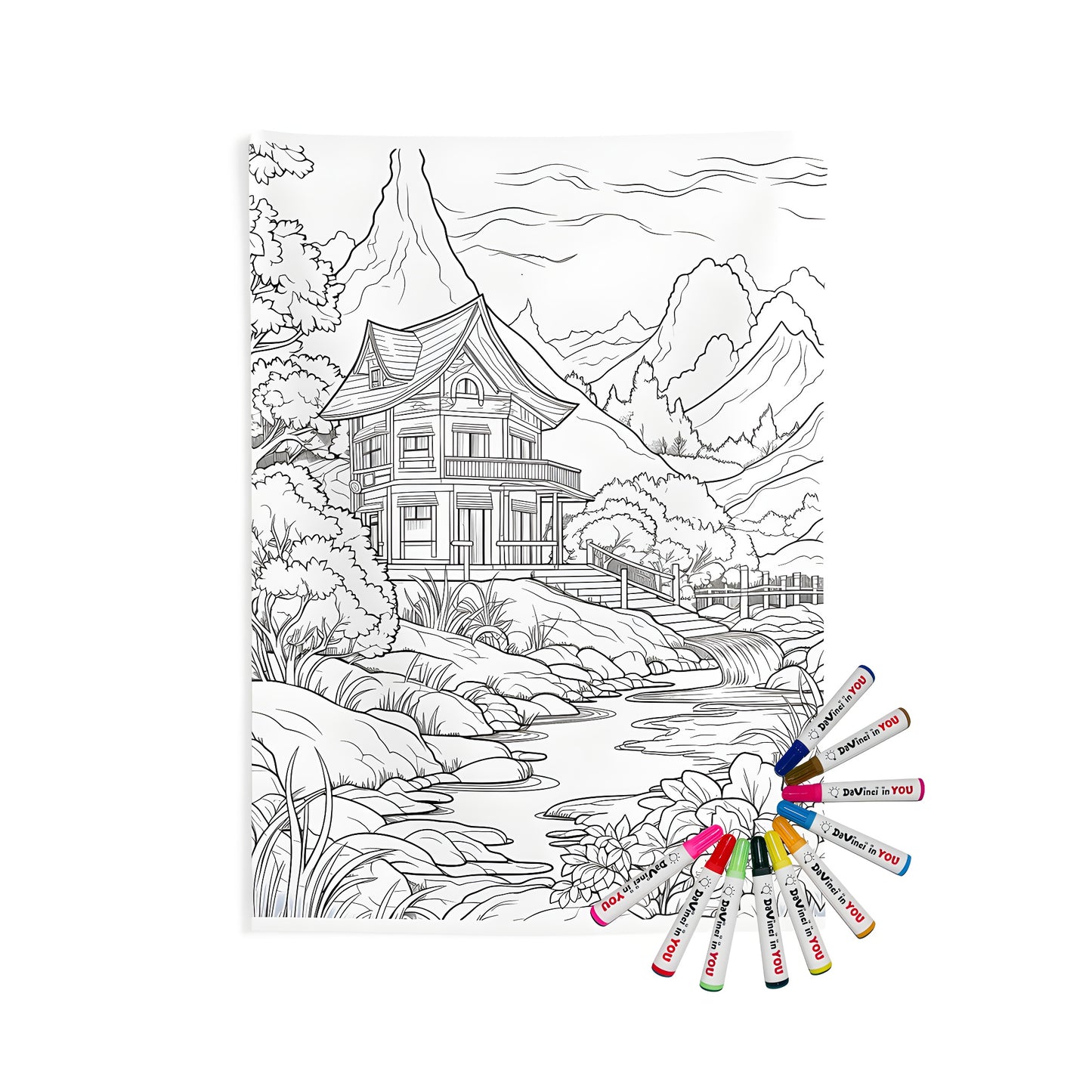 Mountain cabin wall tapestry, cozy home decor with vibrant coloring page art