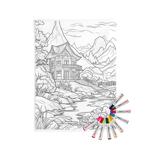 Mountain cabin wall tapestry, cozy home decor with vibrant coloring page art