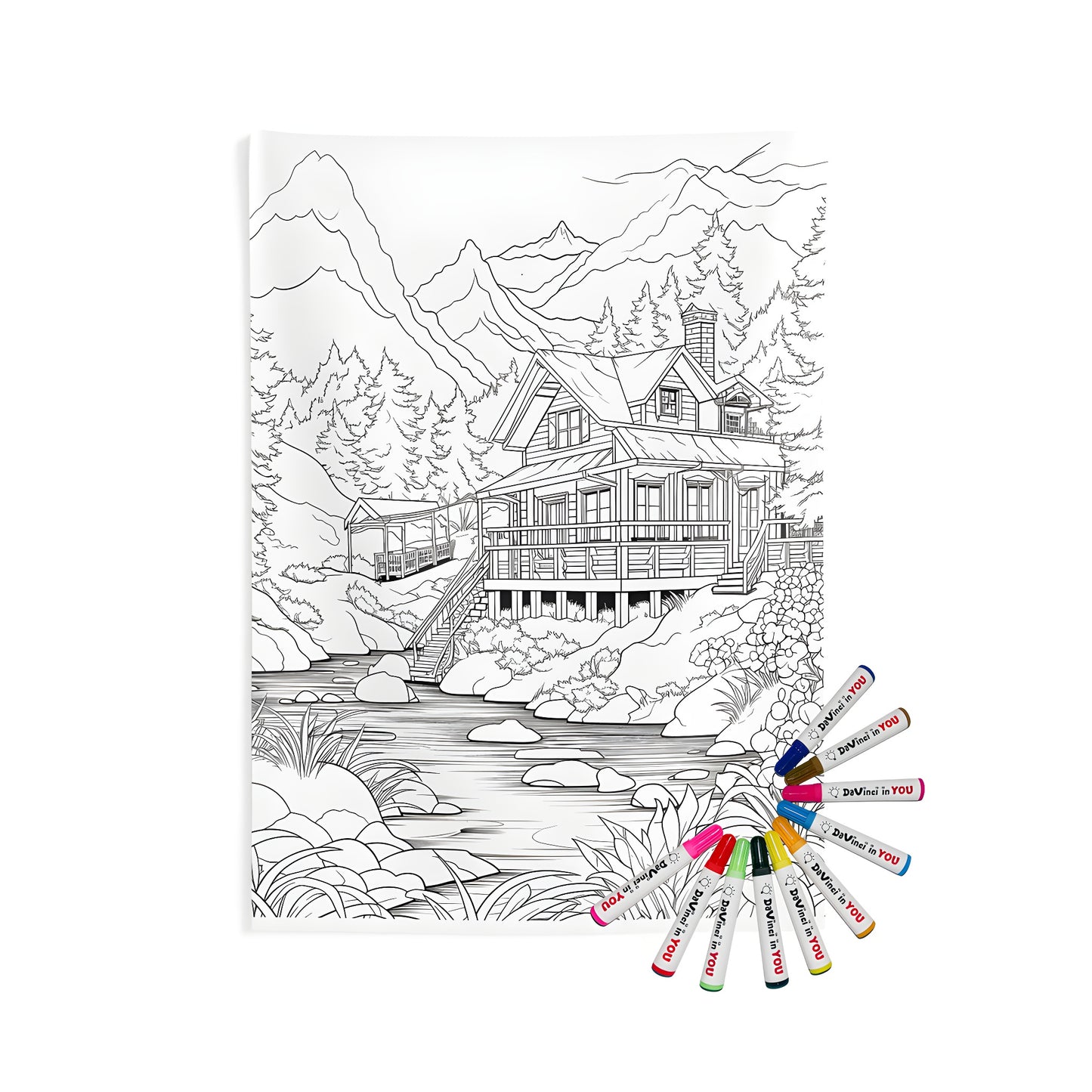 Colorful Mountain Lodge Print Indoor Wall Tapestries with detailed cabin and stream scene