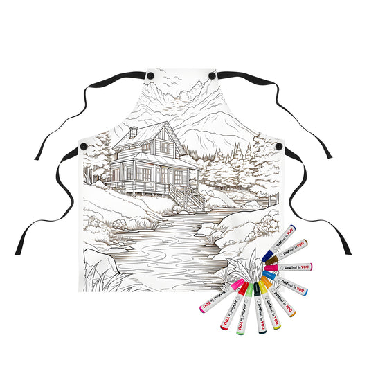 Coloring kit apron with mountain landscape design featuring cabin, river, trees and mountains