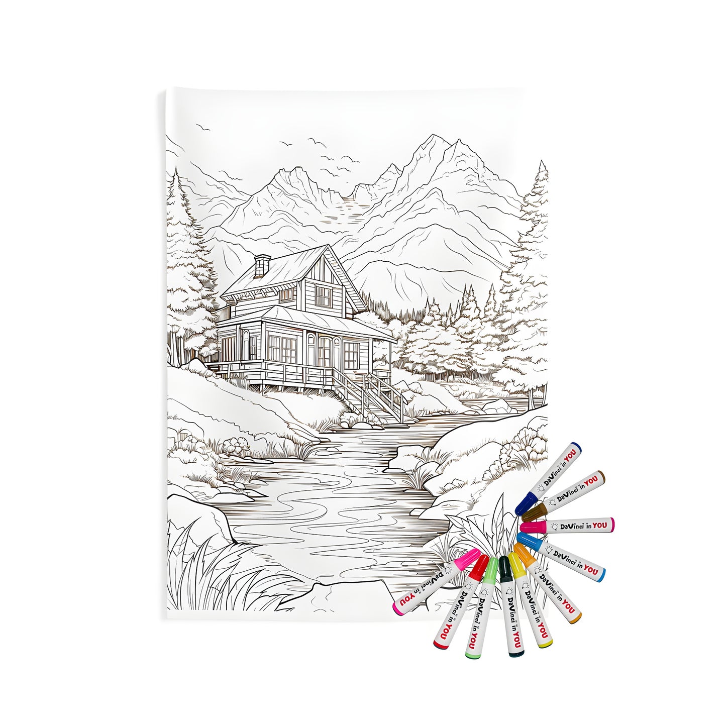 Indoor wall tapestry with detailed line art drawing of mountain lodge cabin beside river surrounded by trees and mountains