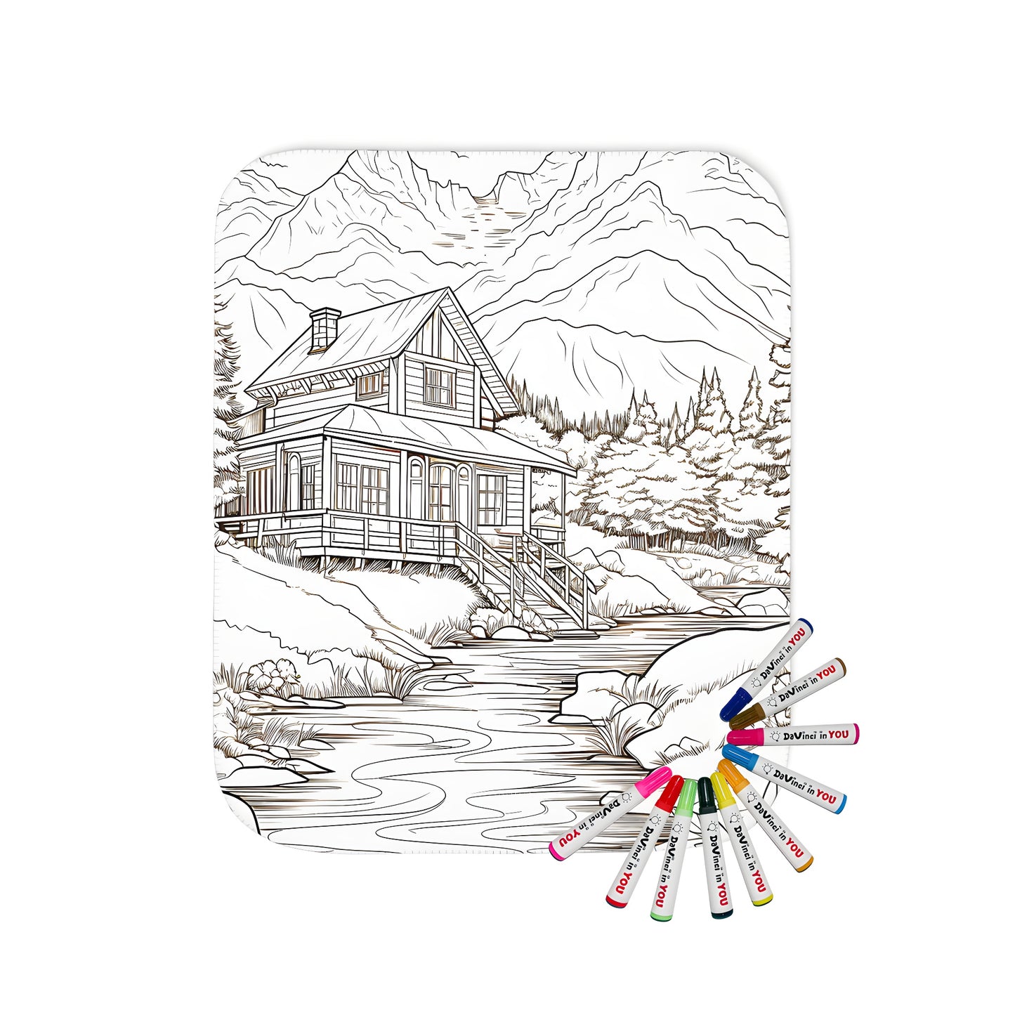 Blanket Coloring Kit with 10 Fabric Markers - Mountain Cabin