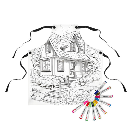 Colorful apron featuring a whimsical cottage scene, complete with stairs leading to the front yard and trees surrounding the home, perfect for adults and kids alike.