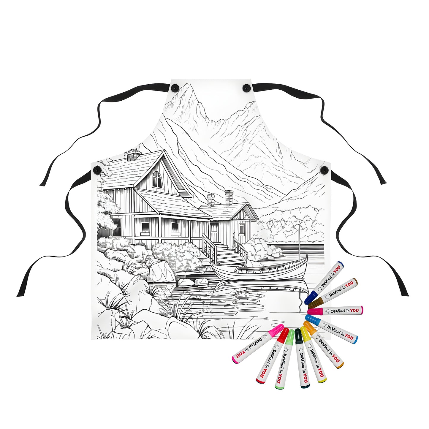 Apron with scenic mountain cabin design, featuring a peaceful lake view, boat, trees, and rocky surroundings