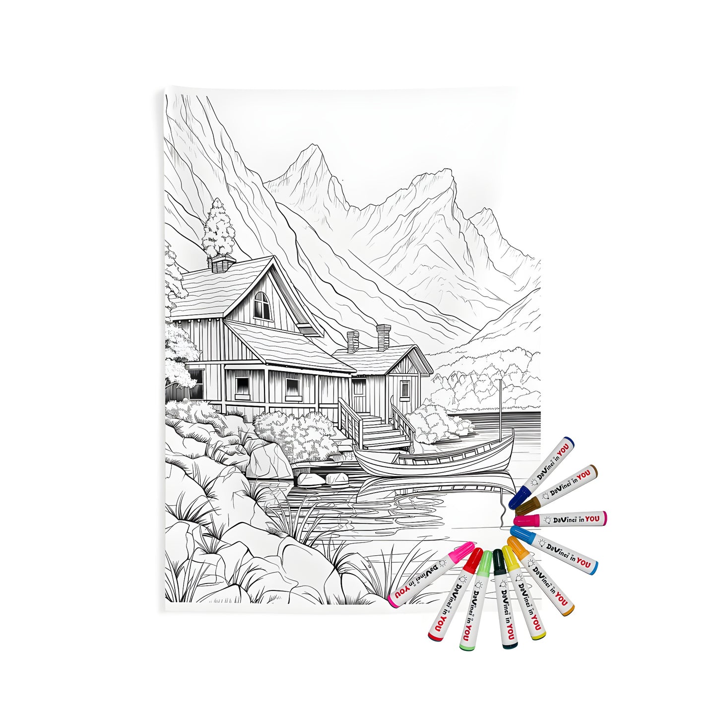 Indoor wall tapestry with colorful mountain cabin scene, featuring a serene lake, boat, trees, and rocky surroundings