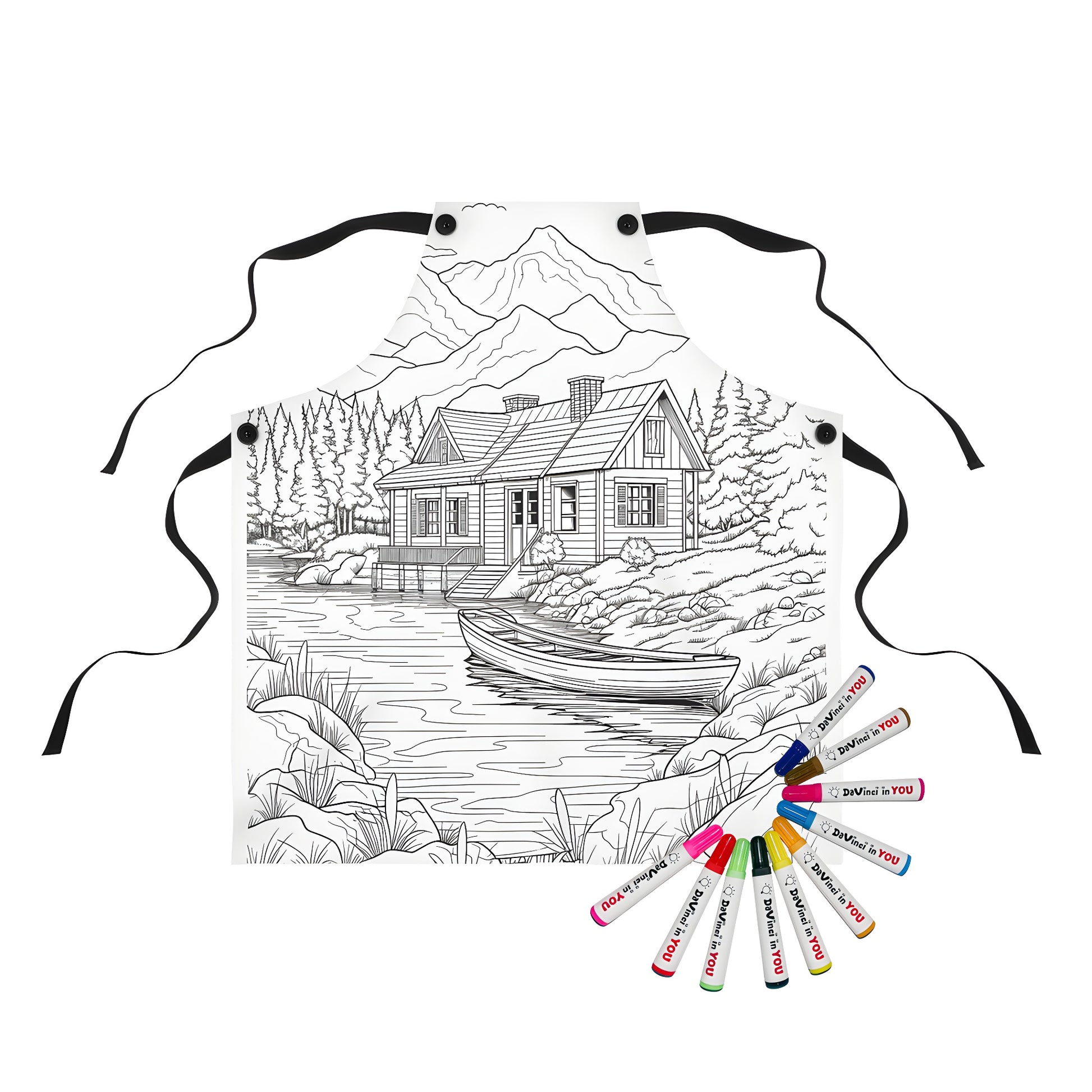 Cozy Cabin Aprons, Cabin Scene Print Design, Mountain Lodge Style, Riverbank Artwork, Nature-Inspired