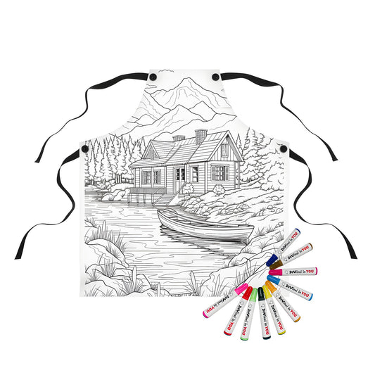 Cozy Cabin Aprons, Cabin Scene Print Design, Mountain Lodge Style, Riverbank Artwork, Nature-Inspired