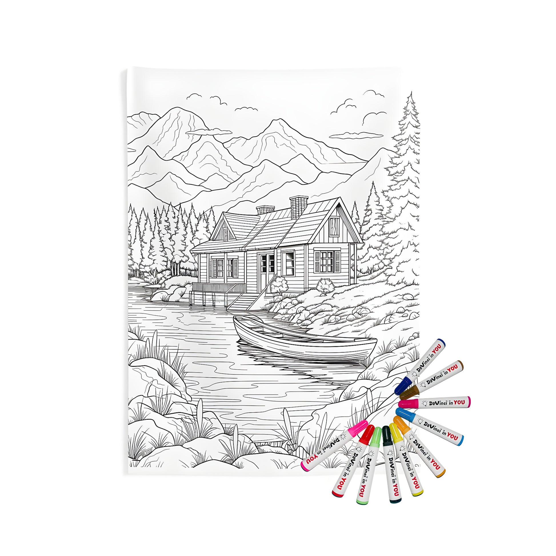 Mountain lodge, mountain cabin, or chalet print indoor wall tapestries with river scene and boat by riverbank