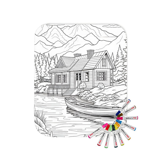 Blanket featuring a serene mountain lodge scene by a calm river