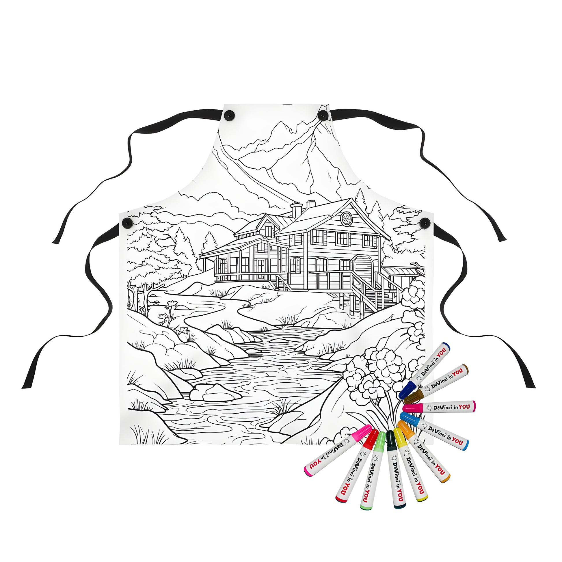 Mountain retreat apron design featuring countryside cabin, mountains, stream, trees, and flowers - detailed line art coloring page