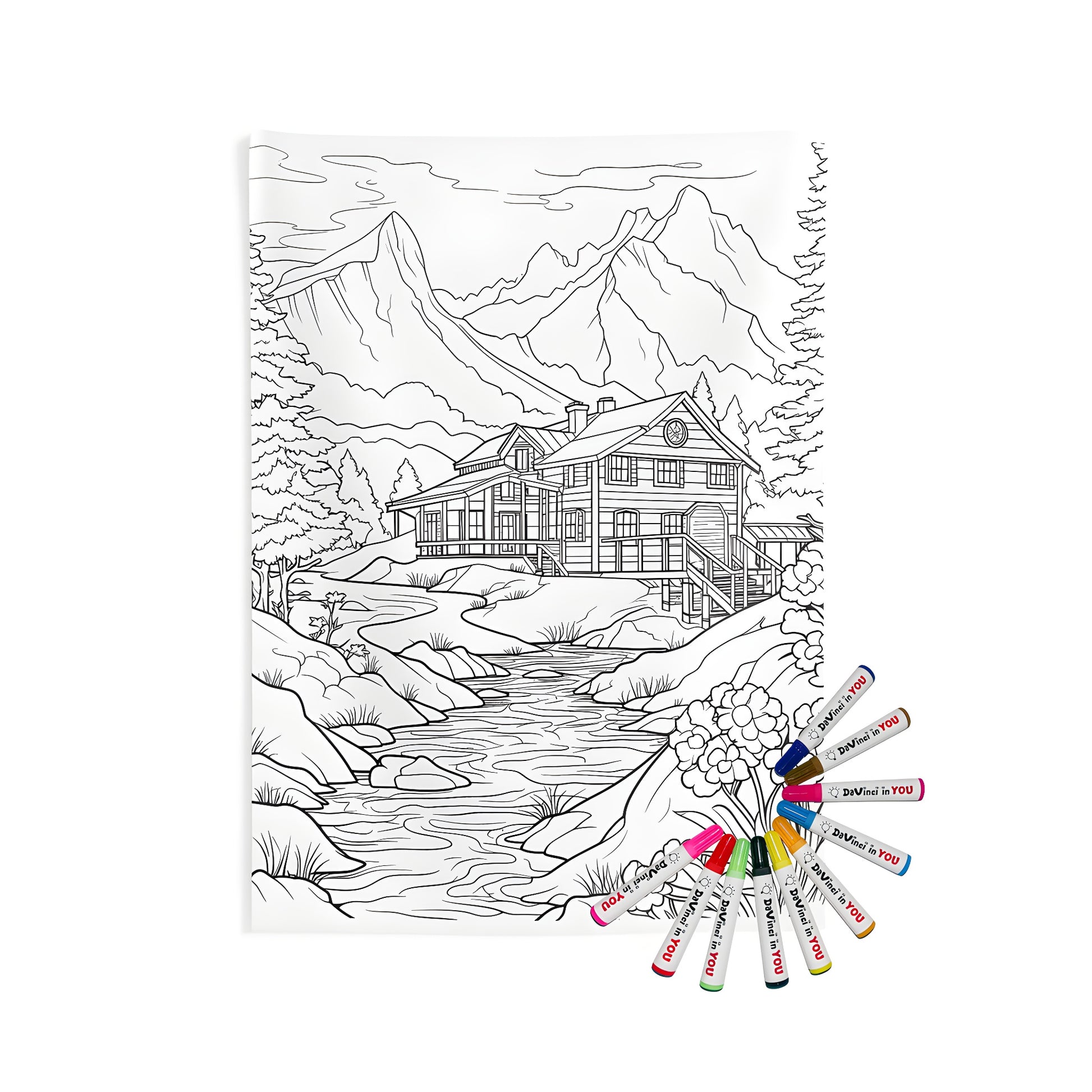 Cozy Cabin Scene Indoor Wall Tapestries with mountains, stream, trees, and flowers for coloring