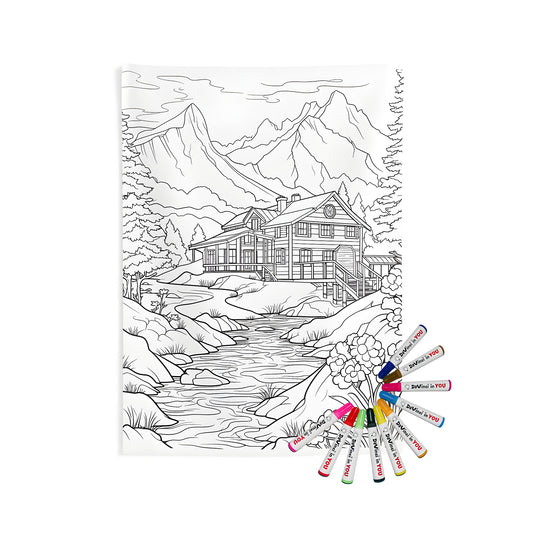 Cozy Cabin Scene Indoor Wall Tapestries with mountains, stream, trees, and flowers for coloring