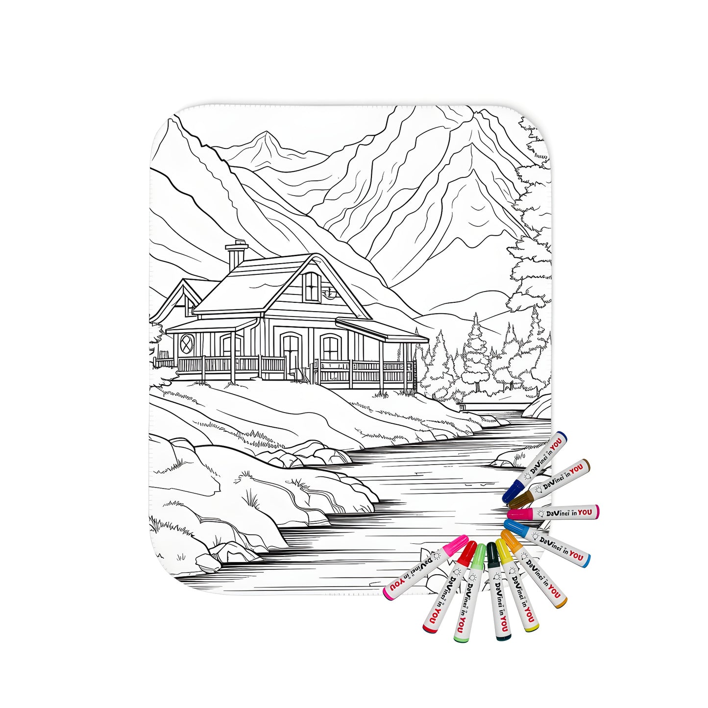 Coloring blanket featuring an idyllic mountain lodge scene with serene riverbank and lush forest backdrop